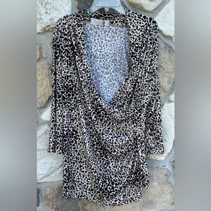 Susan Graver Liquid Knit Blouse Size 1X Animal Print Faux Wrap Career Flattering